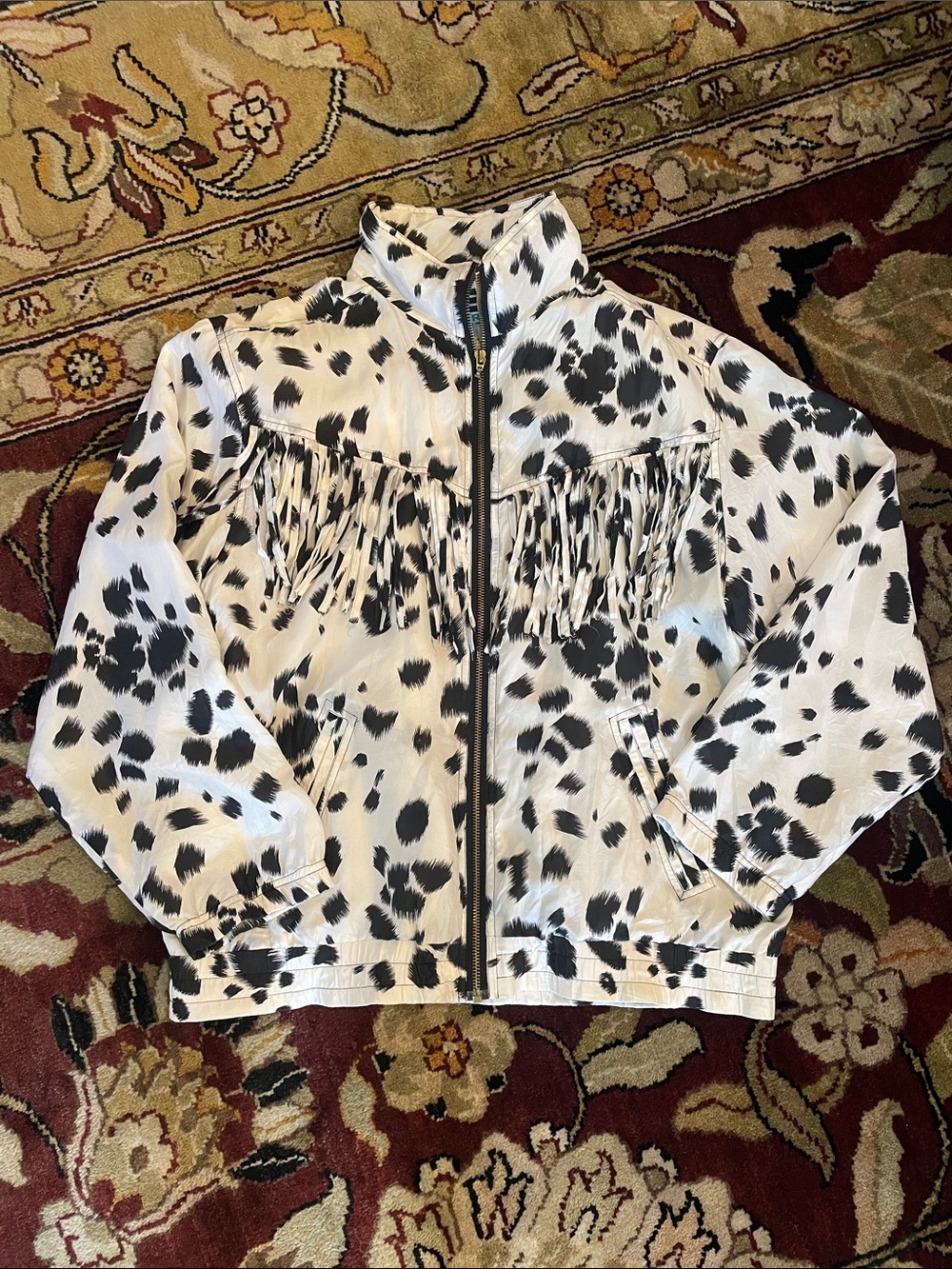 Vintage Silk Cow Print Fringed Jacket